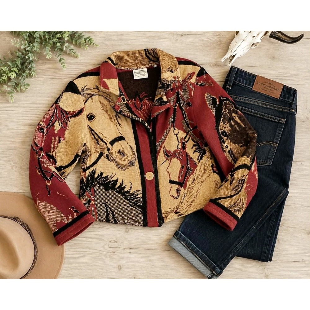 Heirlooms Laguna Beach Horse Tapestry Jacket S Western Woven Button Front Small